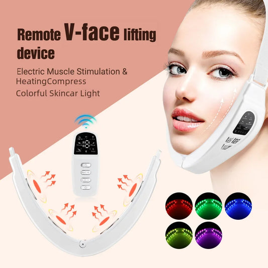 Electric Face Slimming Device - 5 Color Light V Shape Lift Belt with Hot Compress, Face Vibrate Massager, and Remote Control