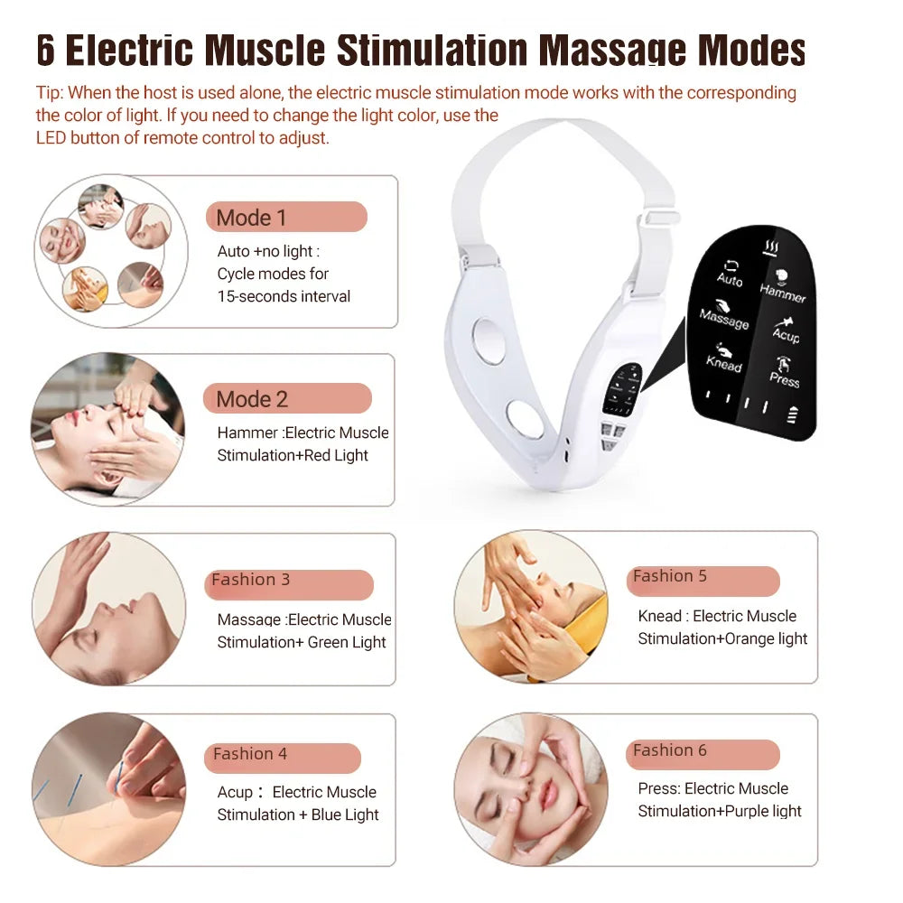 Electric Face Slimming Device - 5 Color Light V Shape Lift Belt with Hot Compress, Face Vibrate Massager, and Remote Control