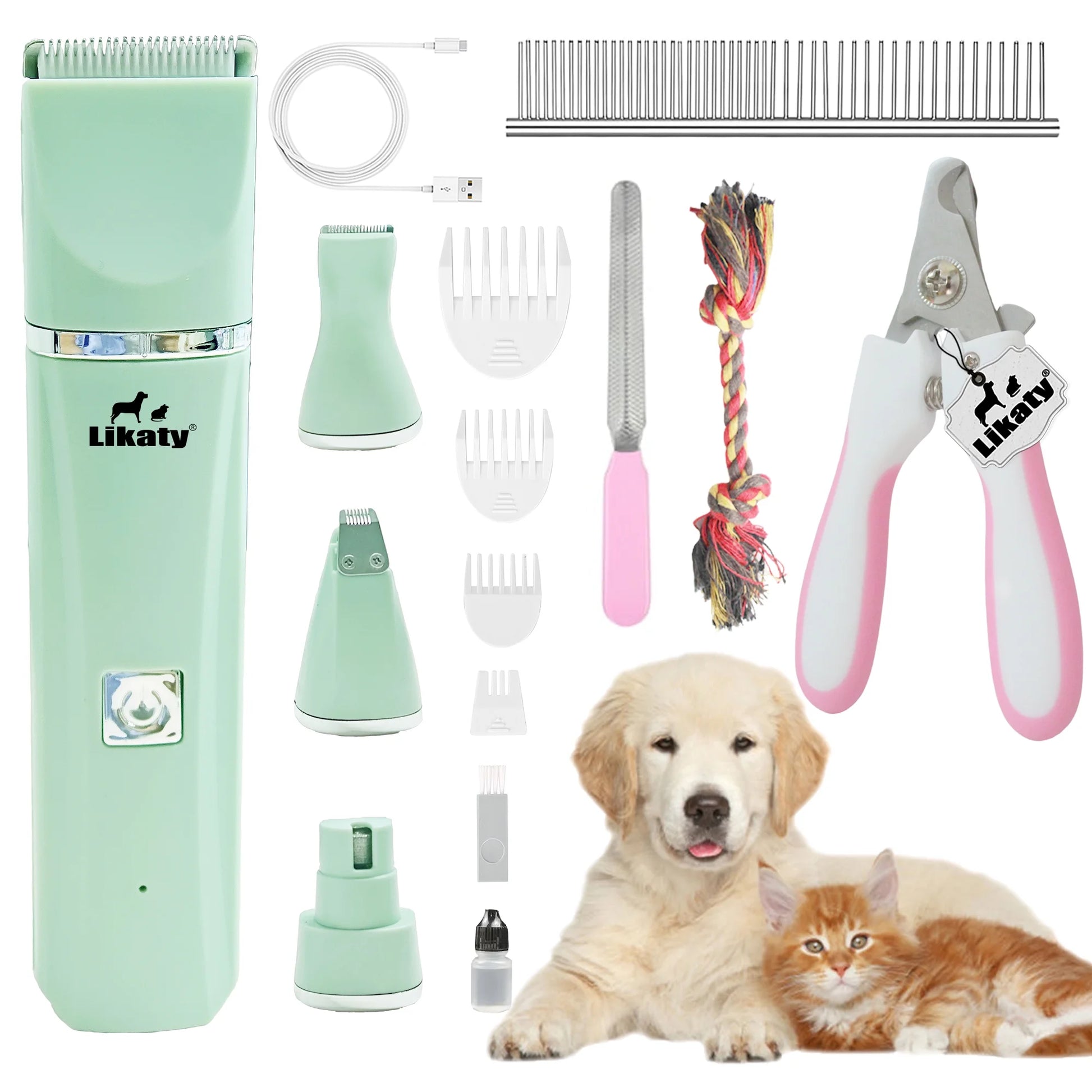 Dogs Hair Clippers Grooming Kit with Nail Grinder,  4 in 1 Cordless Electric Trimmer Low Noise USB Rechargeable Pet Clippers for Small and Large Dogs Cats Animals
